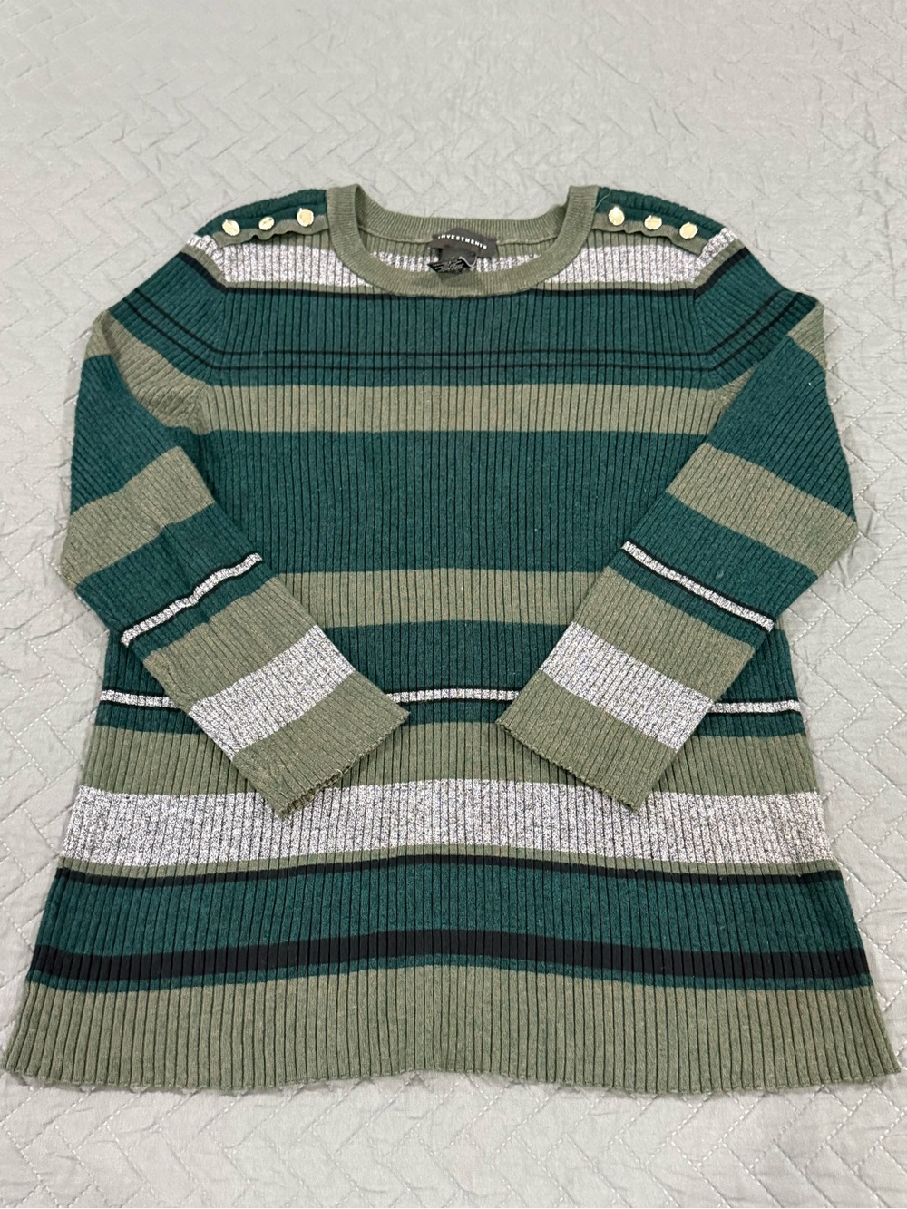 Investments Striped Rib-Knit Crew Sweater in Teal and Olive with Silver Accents